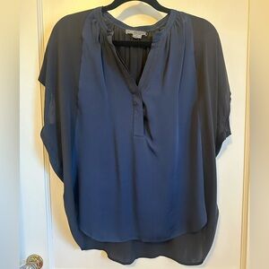 Vince 100% Silk Side Drape V-neck Blouse, navy and black